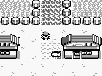 Screenshot of Pallet Town from Pokémon Blue, showing the starting area in the classic Game Boy RPG.