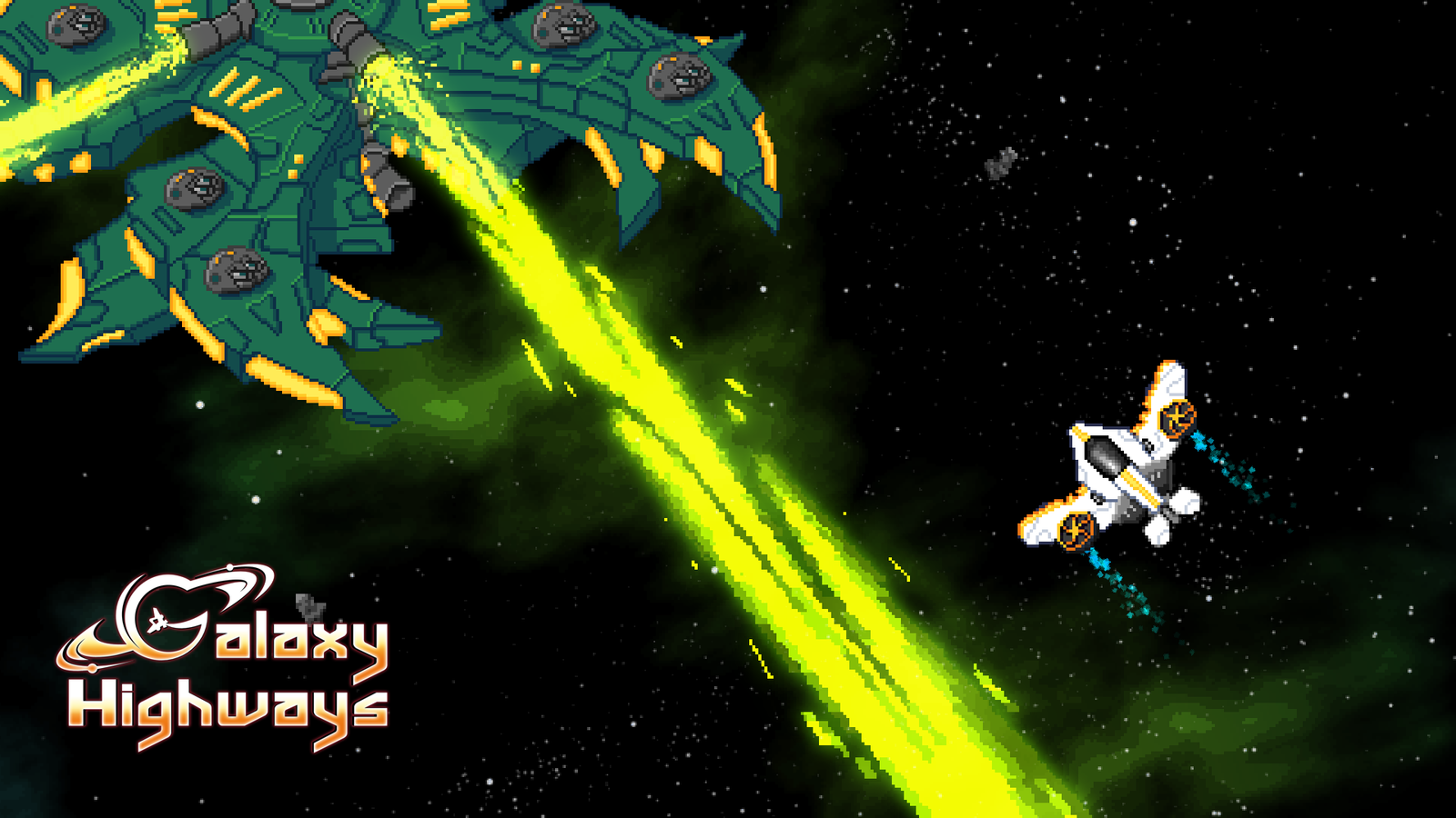 Pixel art boss battle in Galaxy Highways showing a small spaceship dodging a massive green laser beam from an alien mothership