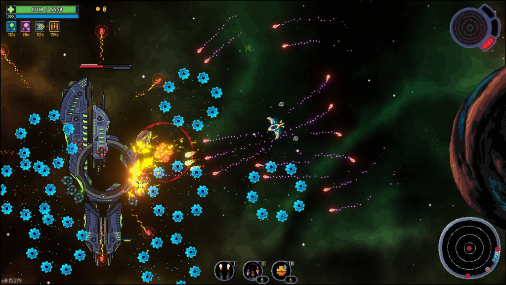 Galaxy Highways gameplay showing top-down space combat with enemy ships and neon effects