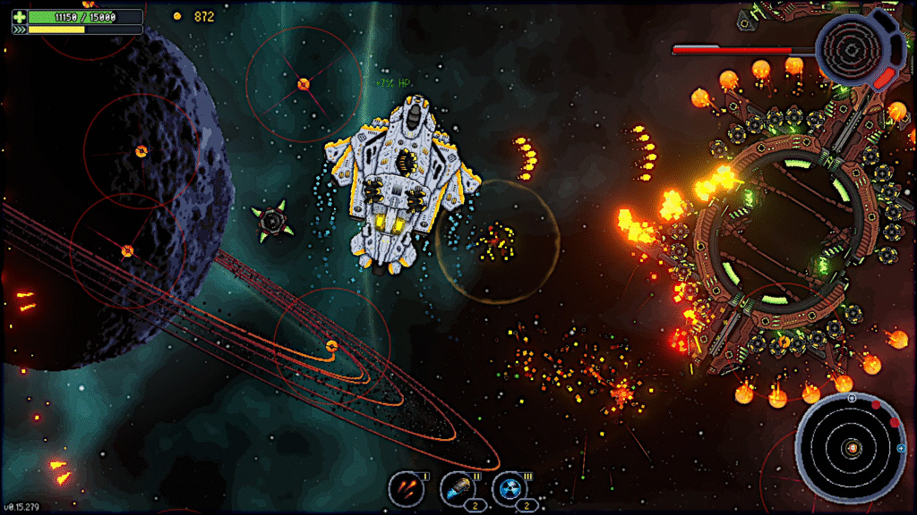 Galaxy Highways gameplay showing top-down space battle with a player ship, enemy base, and pixel-art explosions