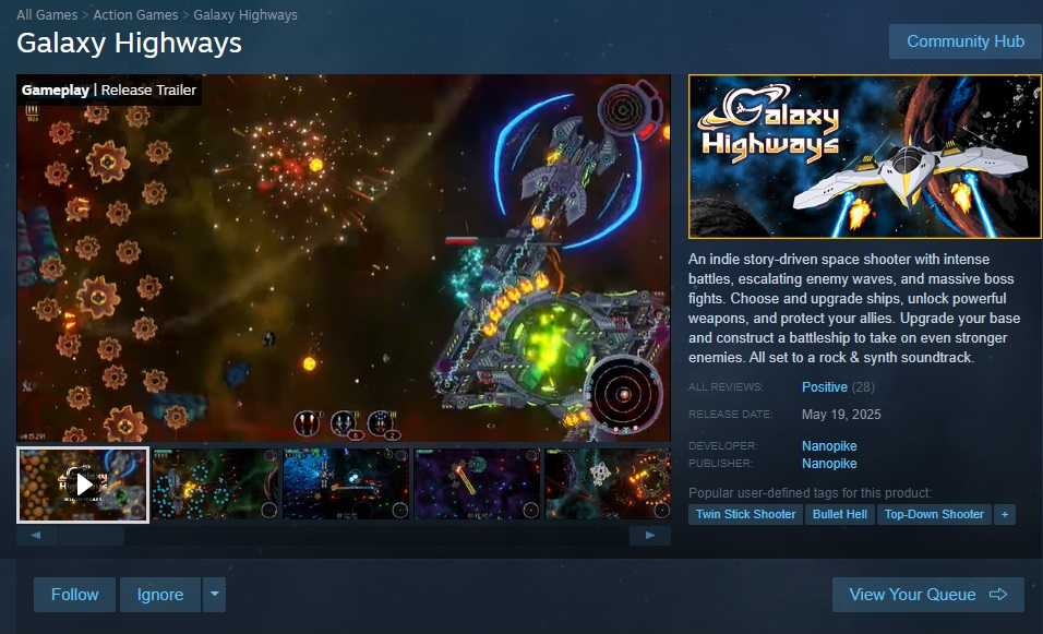 Galaxy Highways Steam store page showing game description, tags, and purchase price
